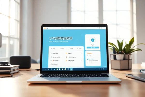 在现代家居办公室的笔记本电脑上显示的快连 VPN 应用程序。