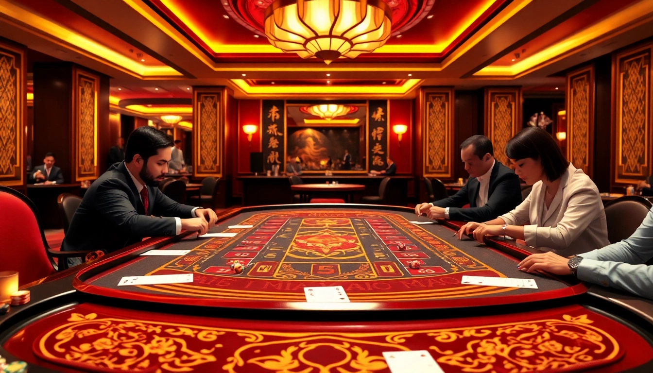 Tài xỉu md5 table in a luxurious casino setting showcasing players and dice.