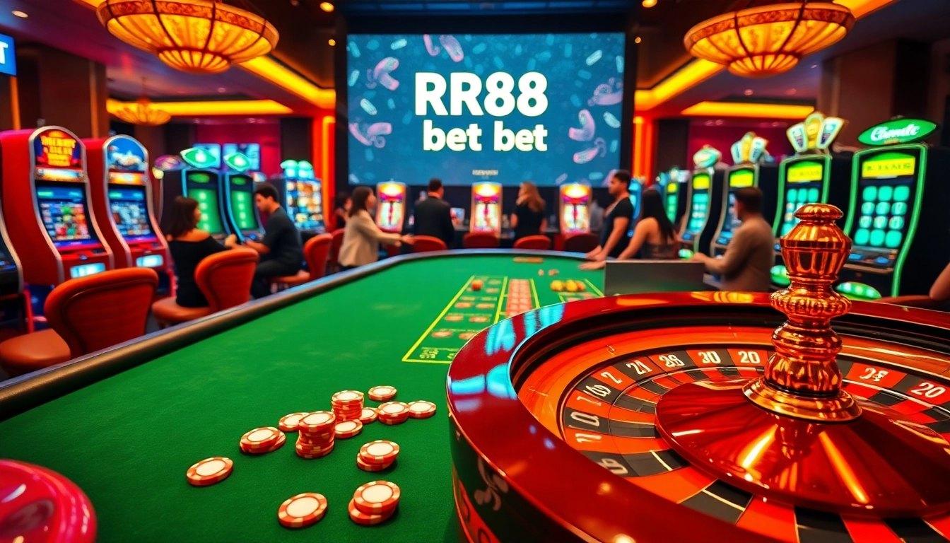 Experience the thrill of RR88 bet featuring luxury casino elements like roulette and slot machines.