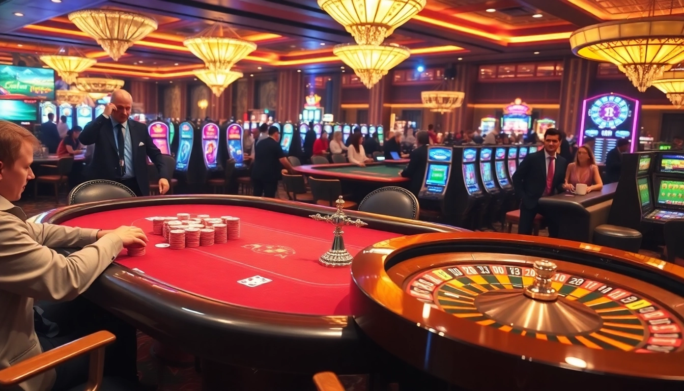 Cakhiatv gamblers immersed in luxury at a vibrant casino, featuring poker tables and roulette wheels.